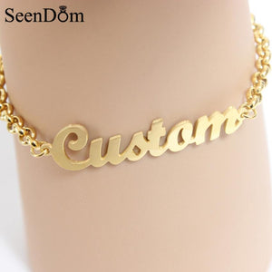 SeenDom Stainless Steel Custom Personalized Name Bracelet Gold Color Customized Handwriting Nameplate Bracelet (Max 7 Letters)