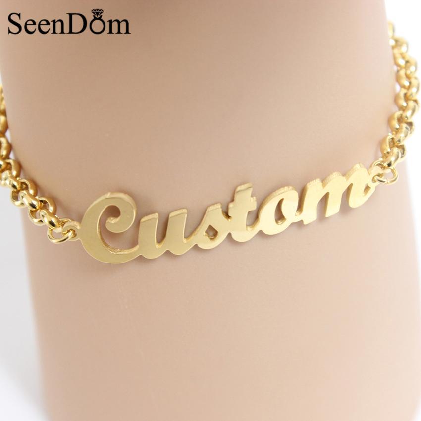 SeenDom Stainless Steel Custom Personalized Name Bracelet Gold Color Customized Handwriting Nameplate Bracelet (Max 7 Letters)