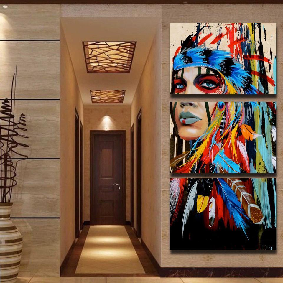 American Indian, 3 Panel Framed Canvas Art - Andredamart