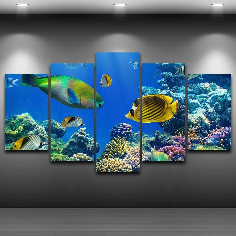 Marine Tropical Fish, 5 Panel Framed Canvas Art - Andredamart