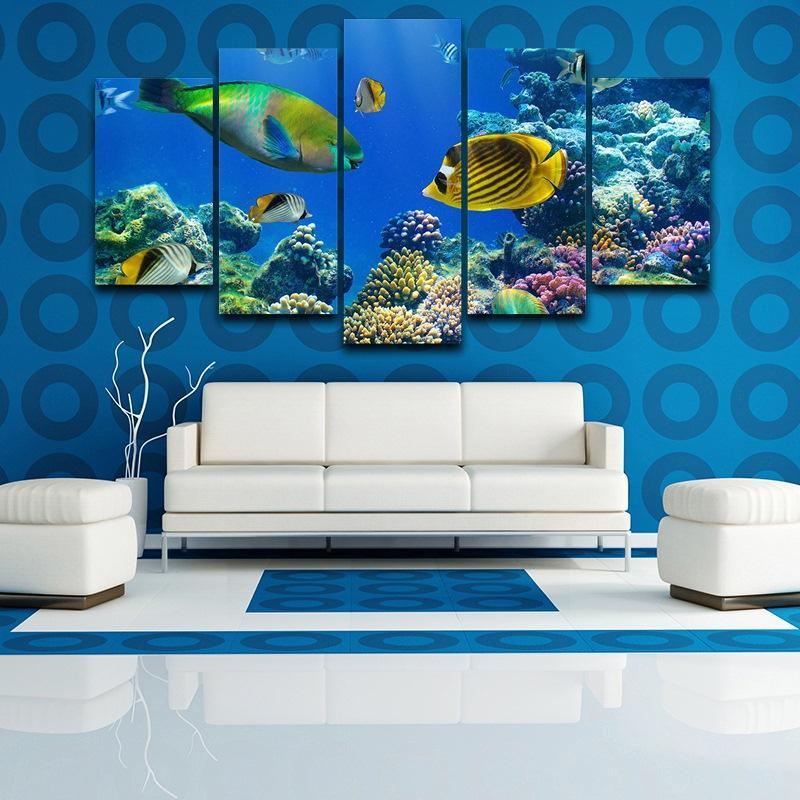 Marine Tropical Fish, 5 Panel Framed Canvas Art - Andredamart