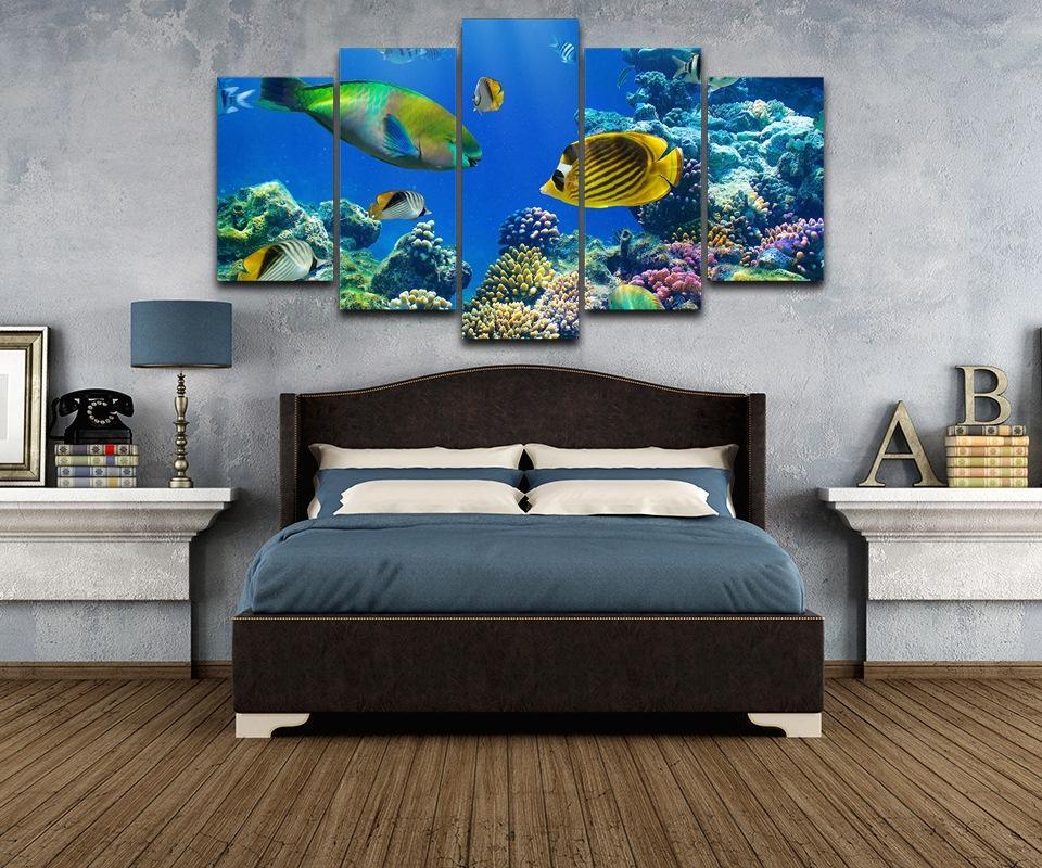 Marine Tropical Fish, 5 Panel Framed Canvas Art - Andredamart