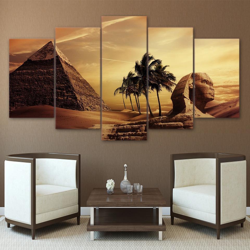 Egyptian Pyramids Sunset, 5 Panel Framed Canvas Art - Andredamart