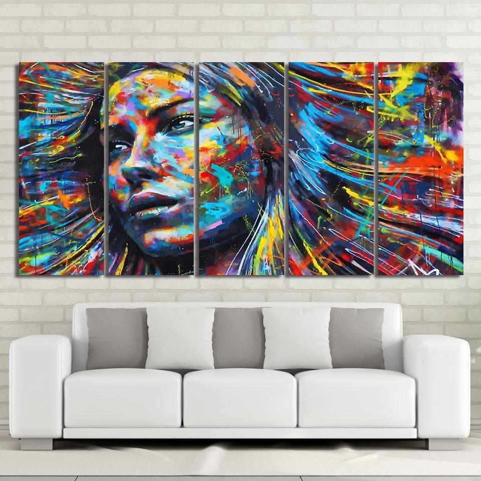 Colorful woman face painting, 5 Panel Framed Canvas Art - Andredamart